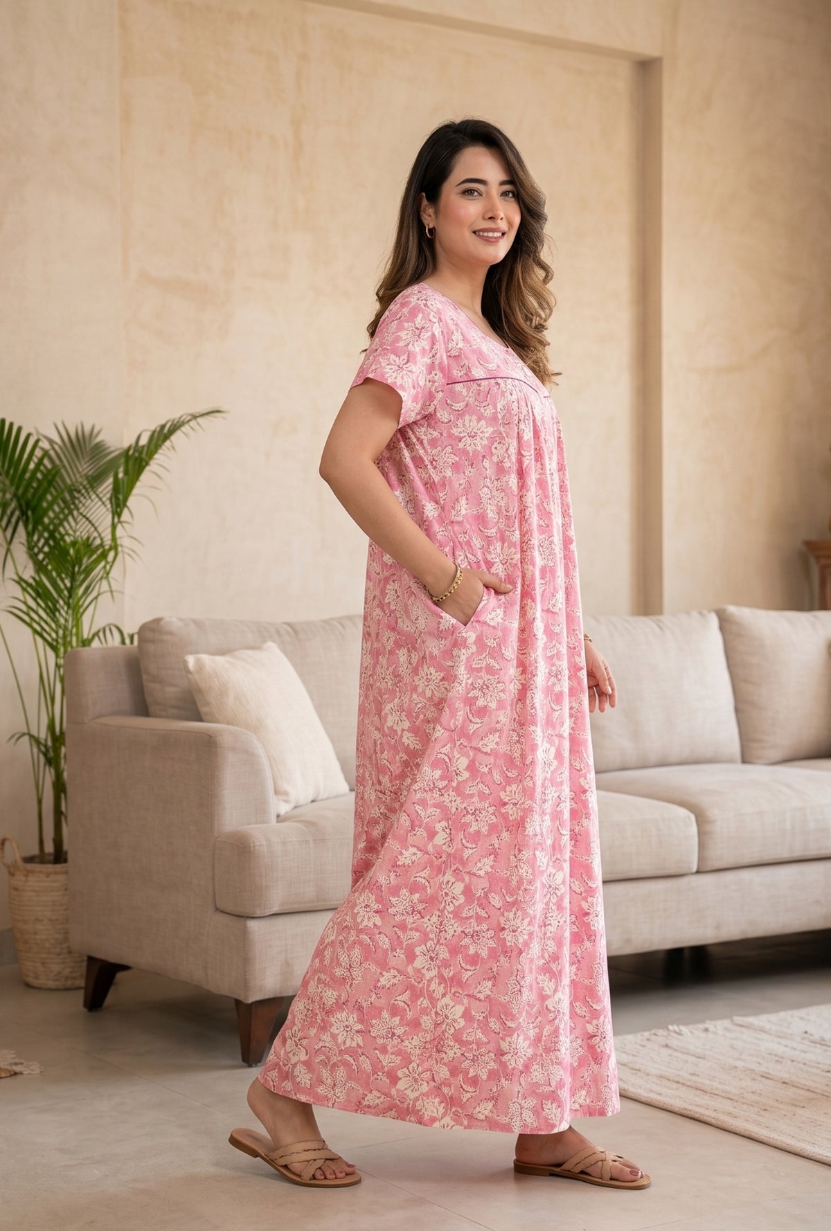 Haze Flower Pink Cotton Printed Nightwear Gowns