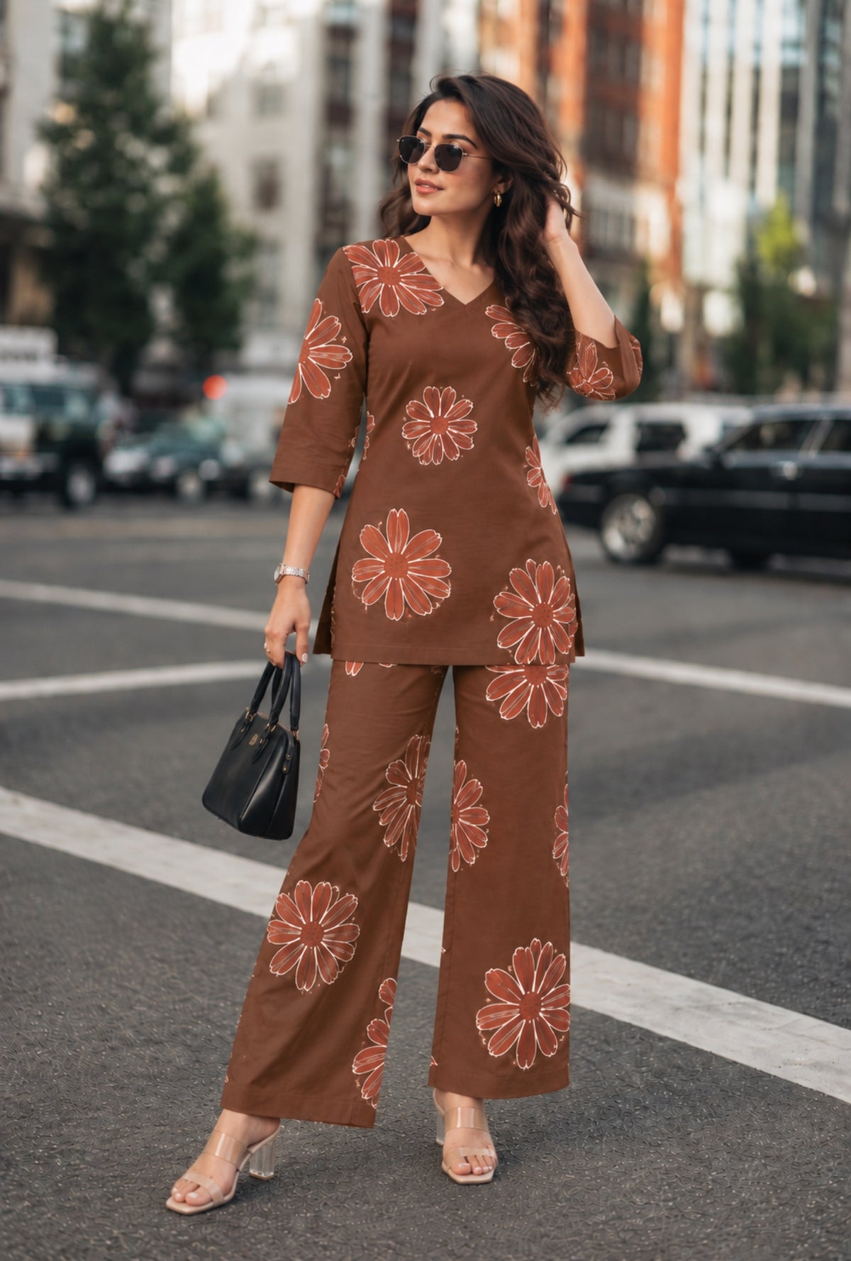 Hazel Bloom Dark Brown Printed Cotton Co-ords Set