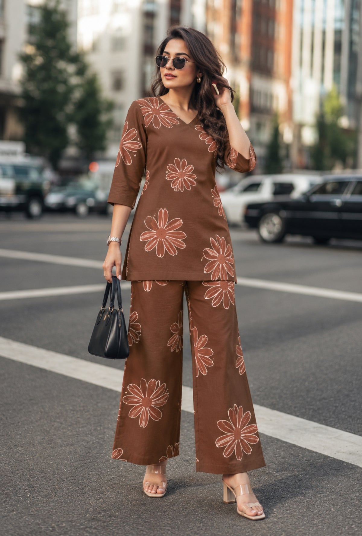 Hazel Bloom Dark Brown Printed Cotton Co-ords Set