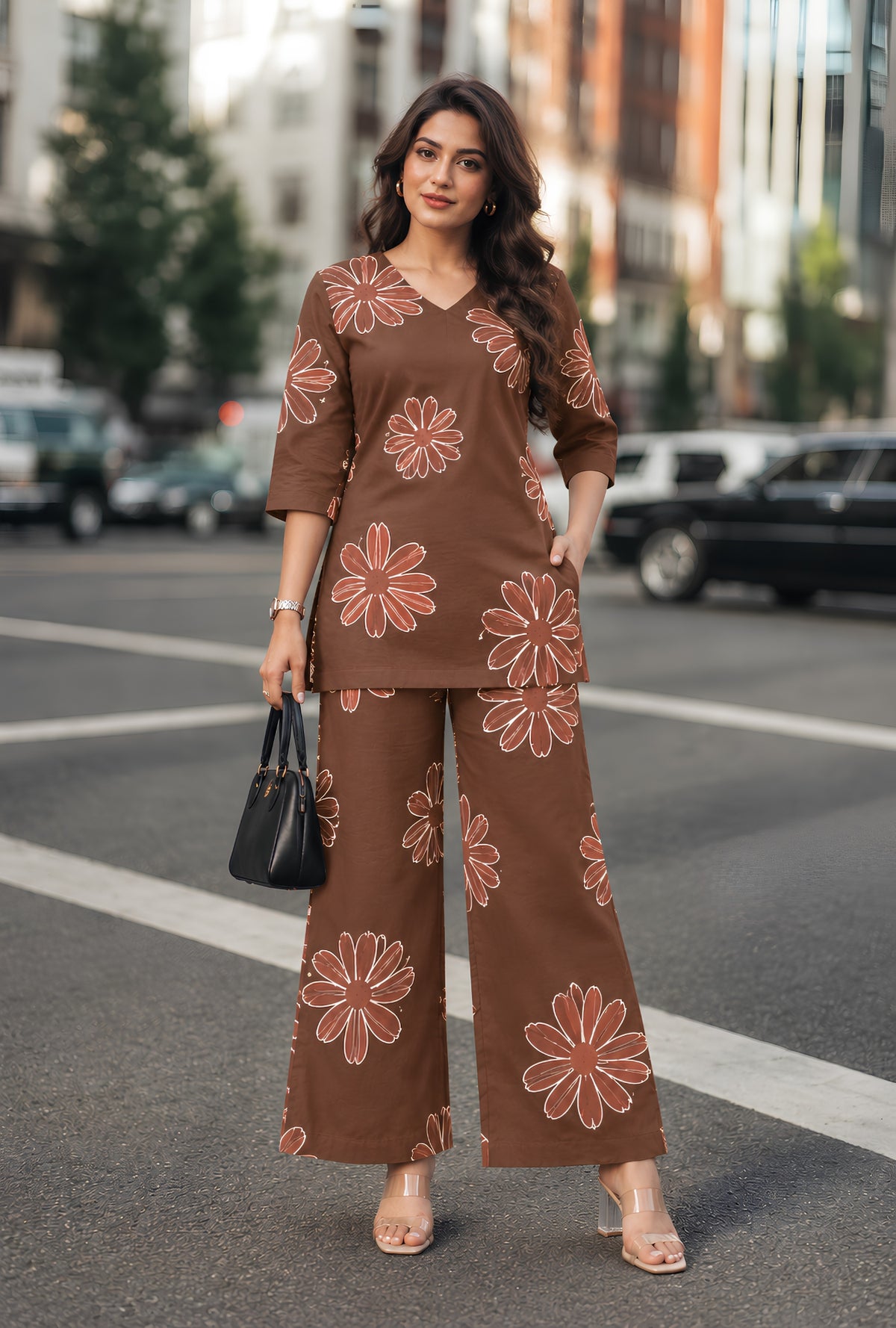 Hazel Bloom Dark Brown Printed Cotton Co-ords Set
