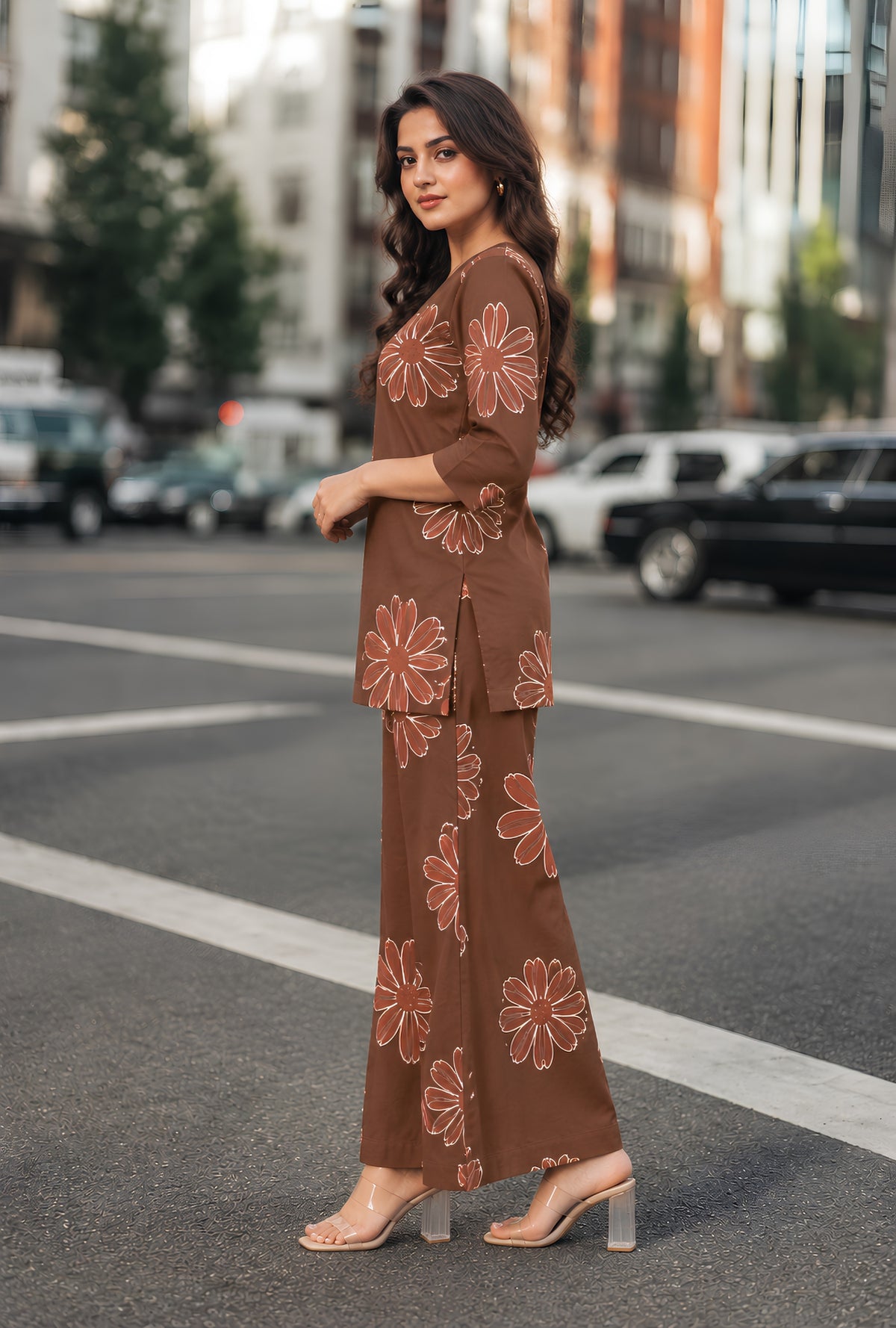 Hazel Bloom Dark Brown Printed Cotton Co-ords Set