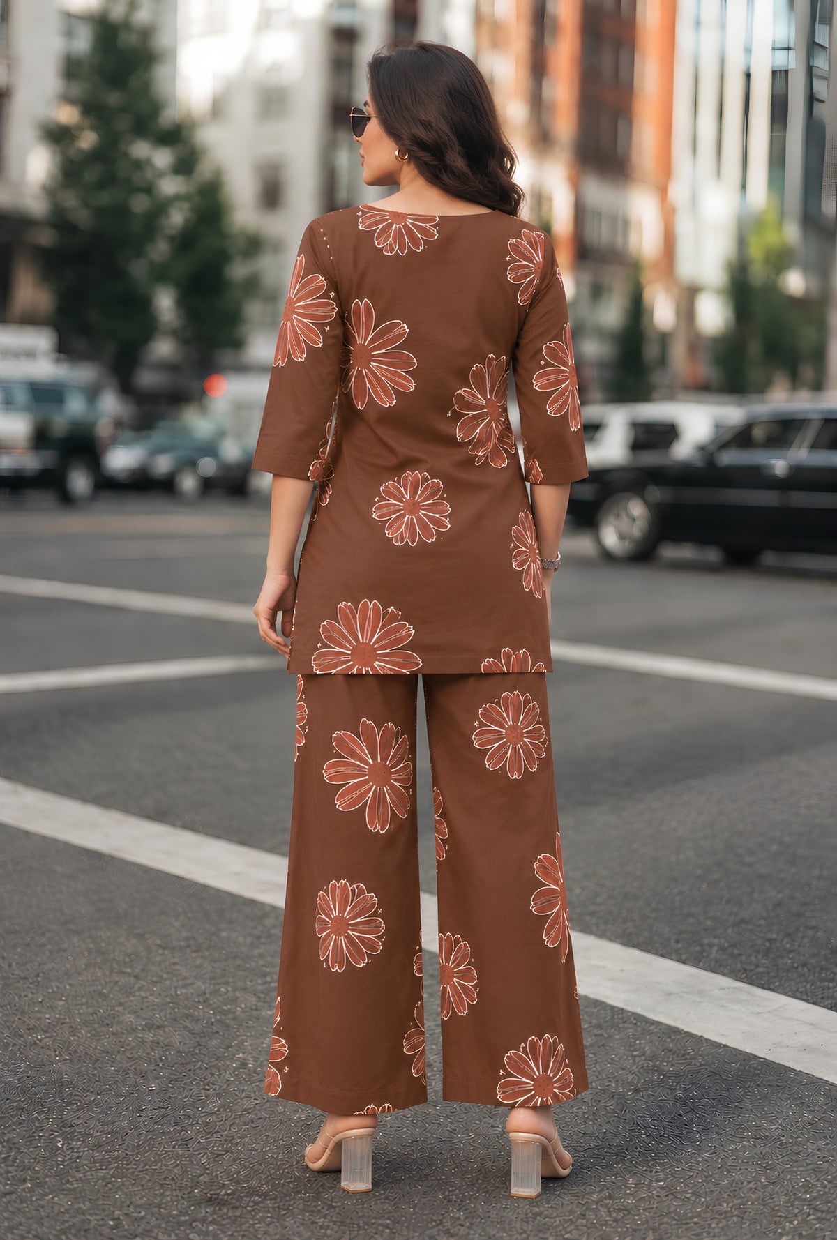 Hazel Bloom Dark Brown Printed Cotton Co-ords Set