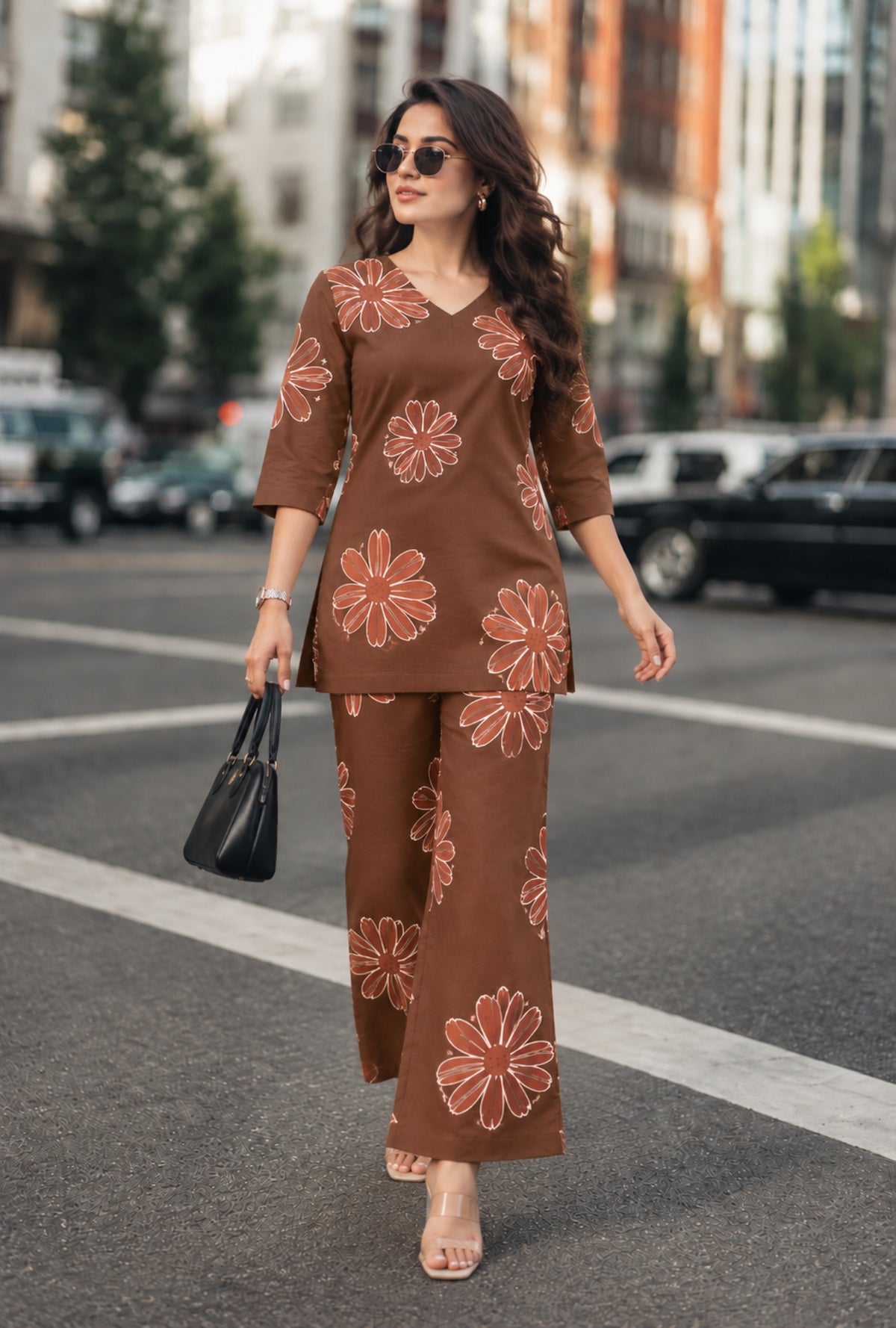 Hazel Bloom Dark Brown Printed Cotton Co-ords Set