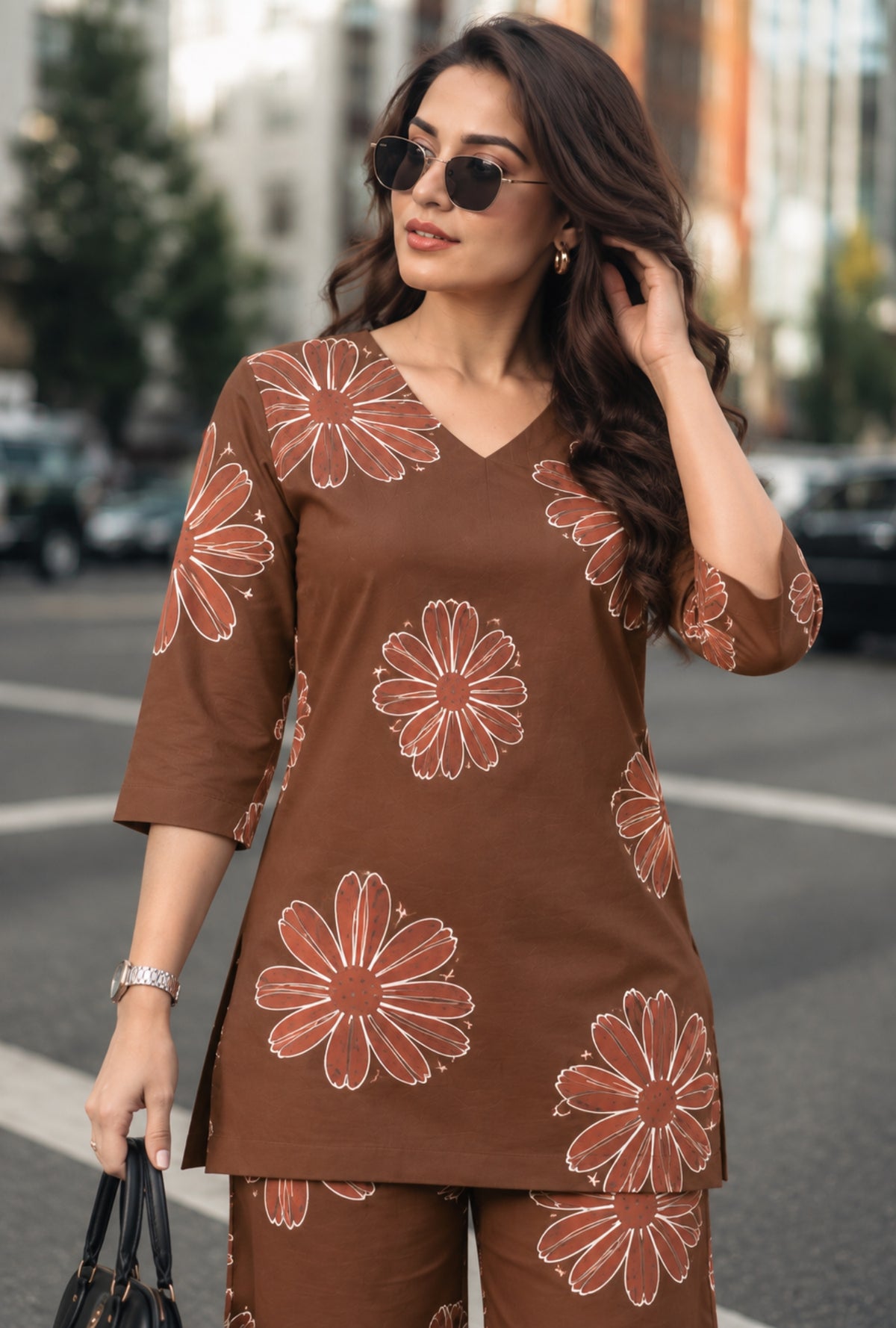 Hazel Bloom Dark Brown Printed Cotton Co-ords Set