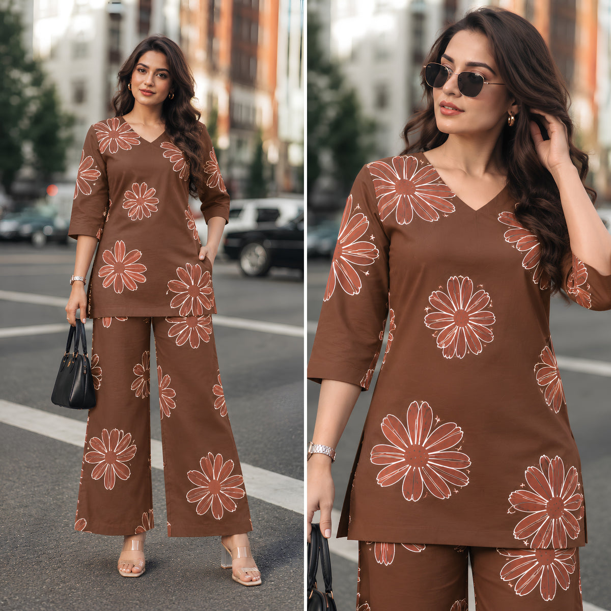 Hazel Bloom Dark Brown Printed Cotton Co-ords Set