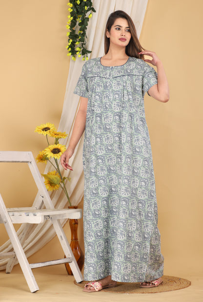 Cherry Blossom Mint Cotton Printed Nightwear Gowns
