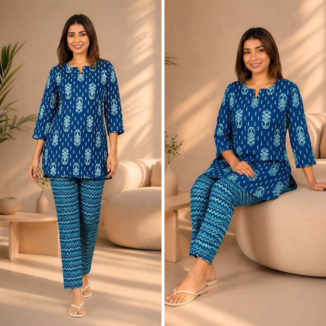 Ikat Infinity Blue Cotton Loungewear set