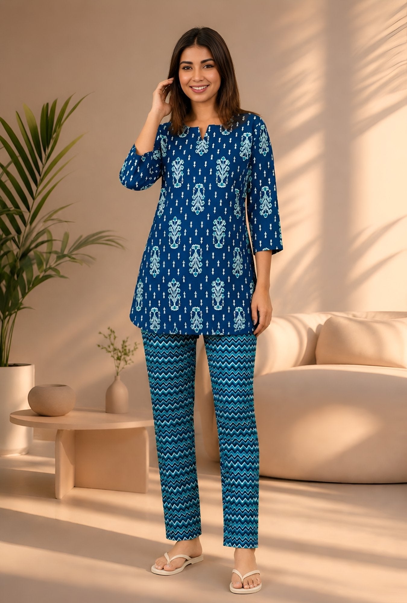 Ikat Infinity Blue Cotton Loungewear set