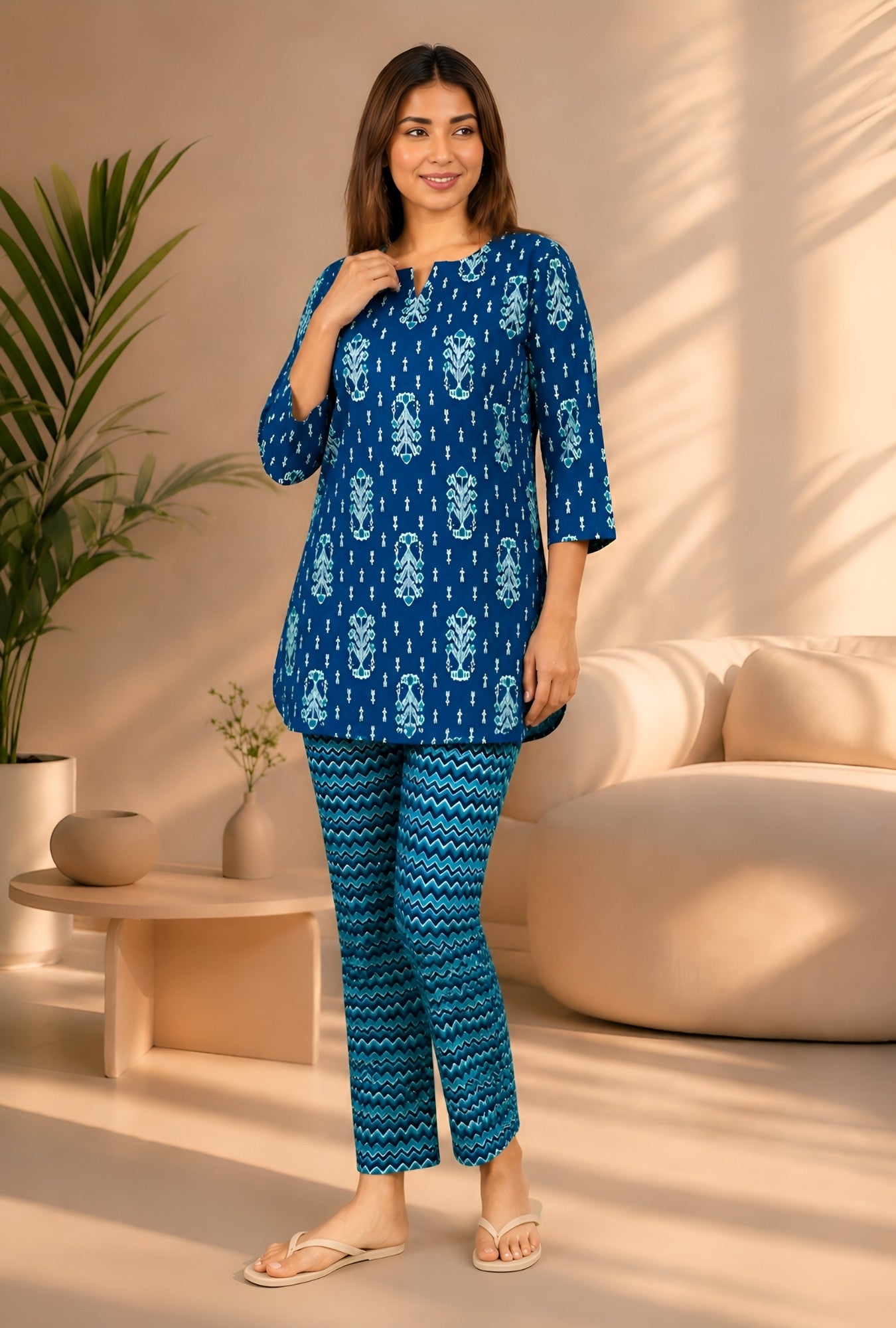 Ikat Infinity Blue Cotton Loungewear set
