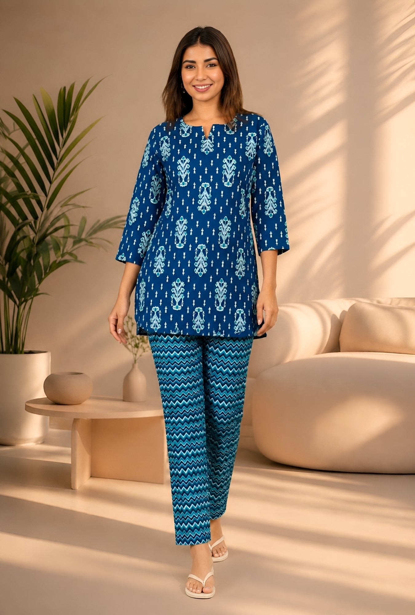 Ikat Infinity Blue Cotton Loungewear set