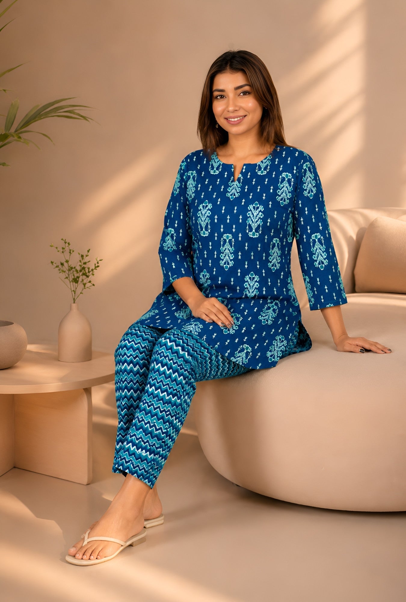 Ikat Infinity Blue Cotton Loungewear set