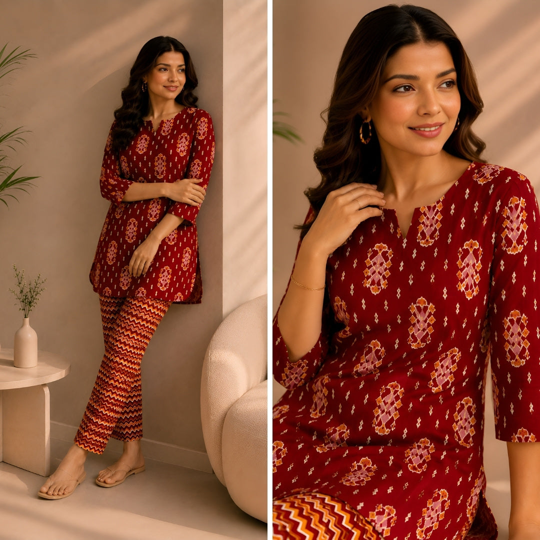 Ikat Infinity Maroon Cotton Loungewear set