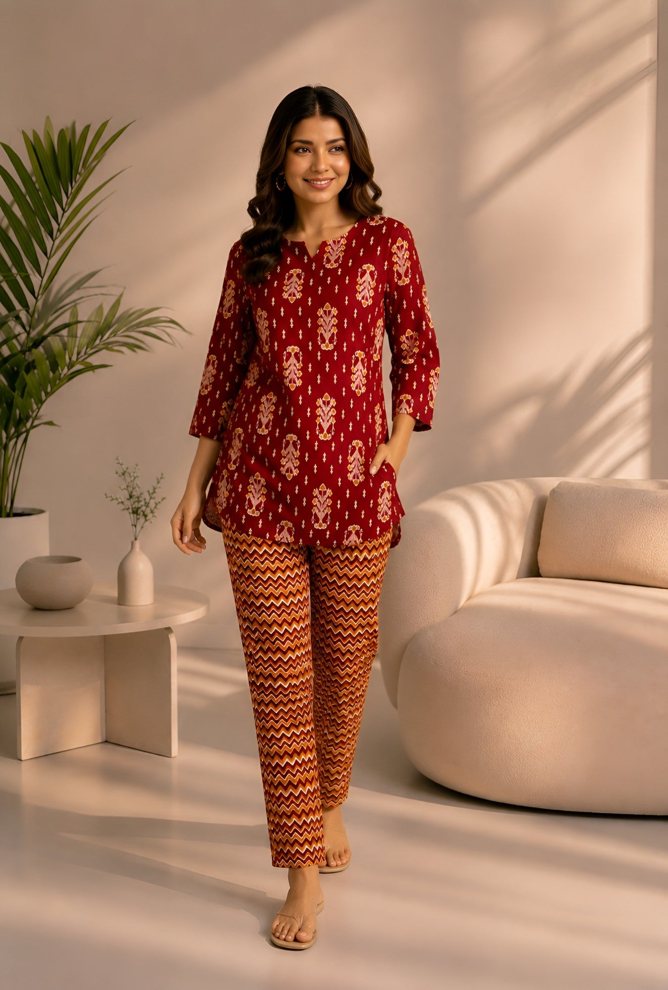 Ikat Infinity Maroon Cotton Loungewear set