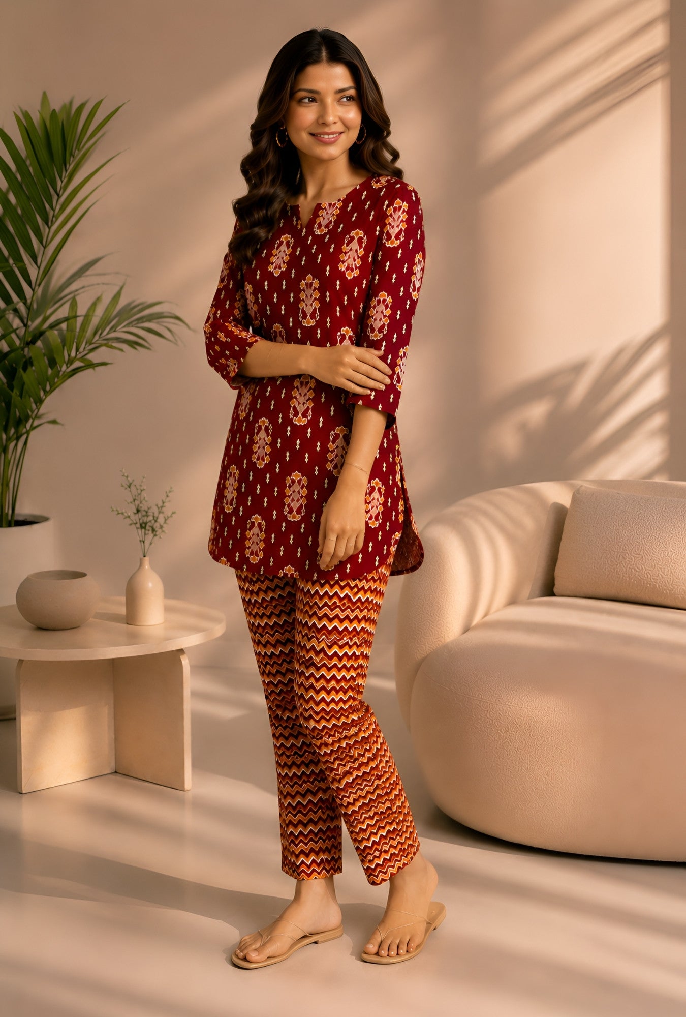 Ikat Infinity Maroon Cotton Loungewear set