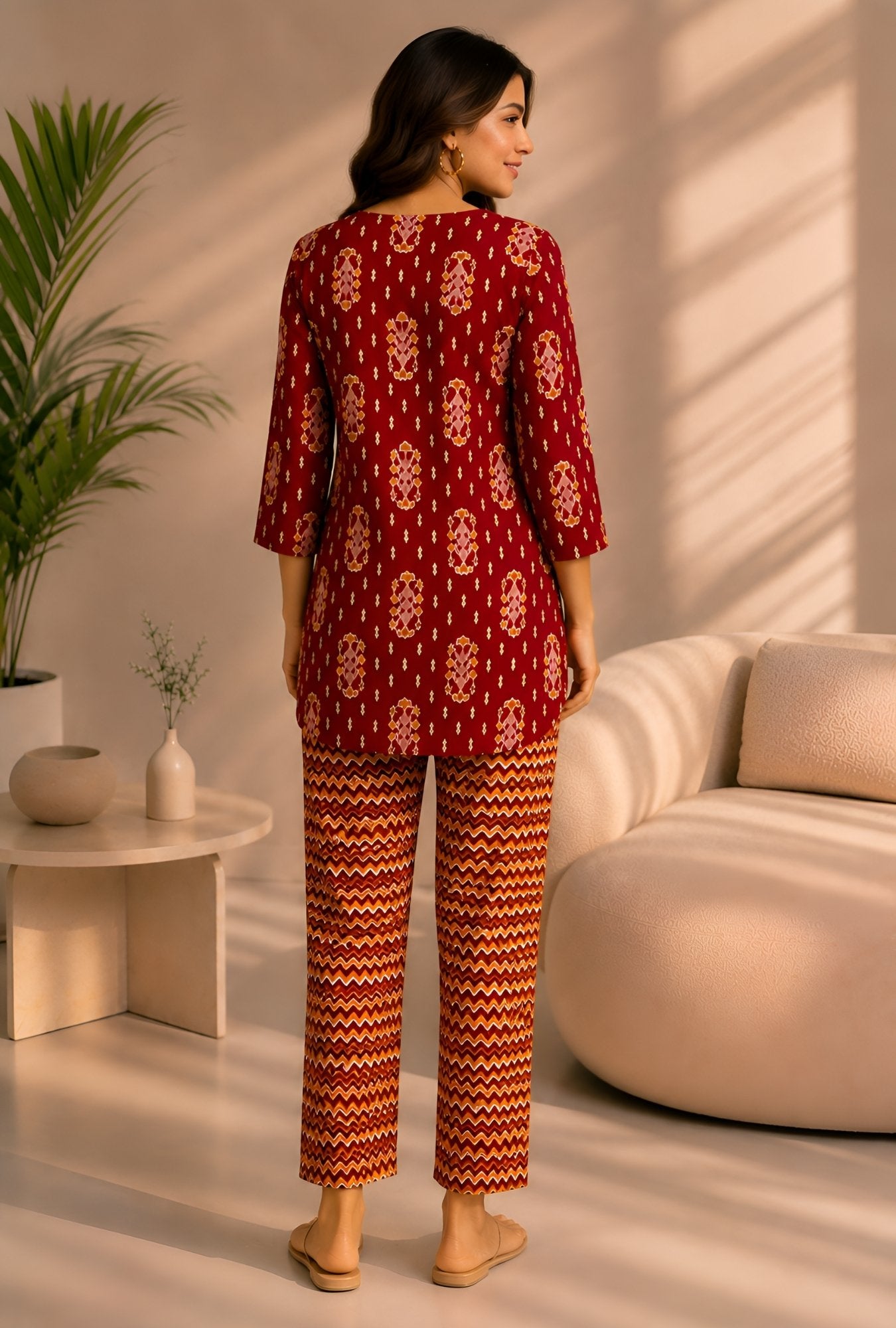 Ikat Infinity Maroon Cotton Loungewear set