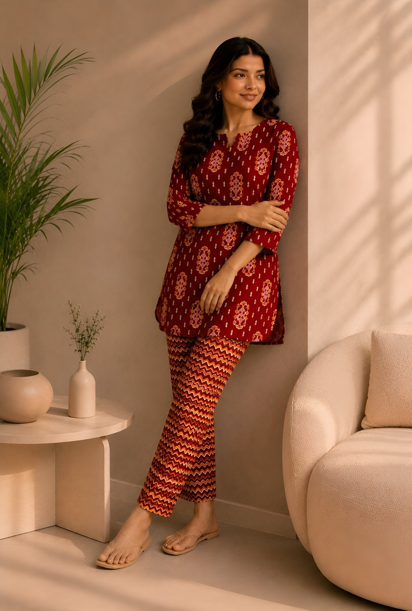 Ikat Infinity Maroon Cotton Loungewear set