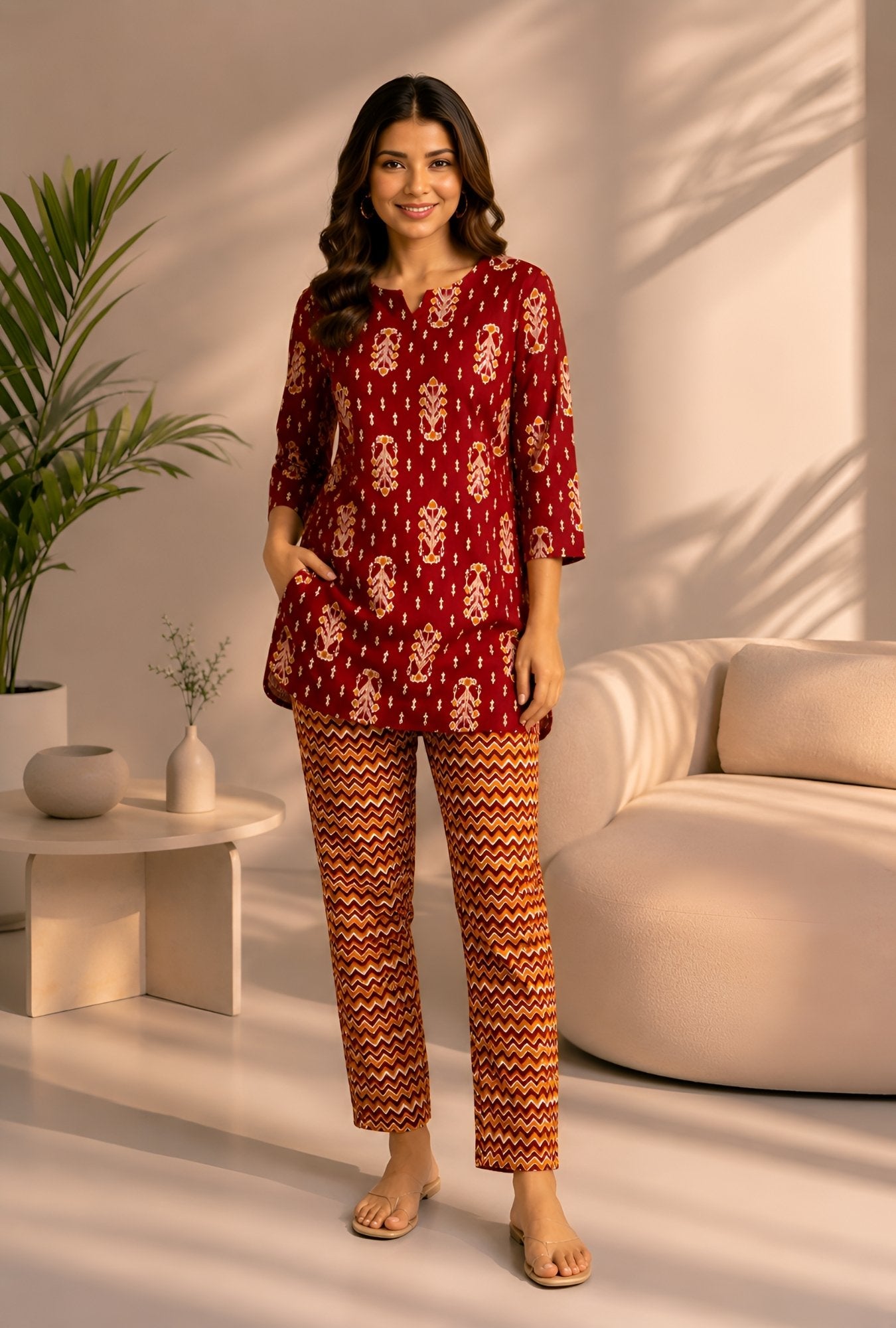 Ikat Infinity Maroon Cotton Loungewear set