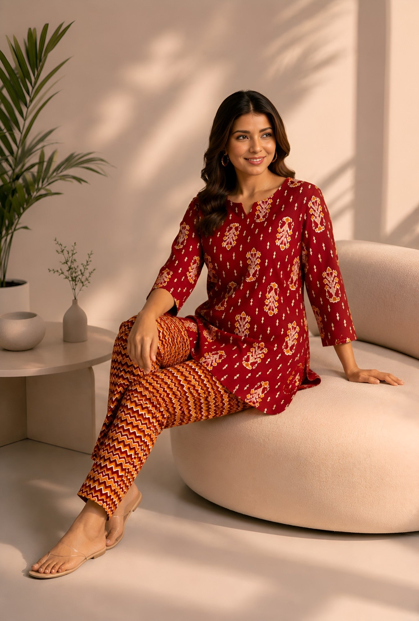 Ikat Infinity Maroon Cotton Loungewear set