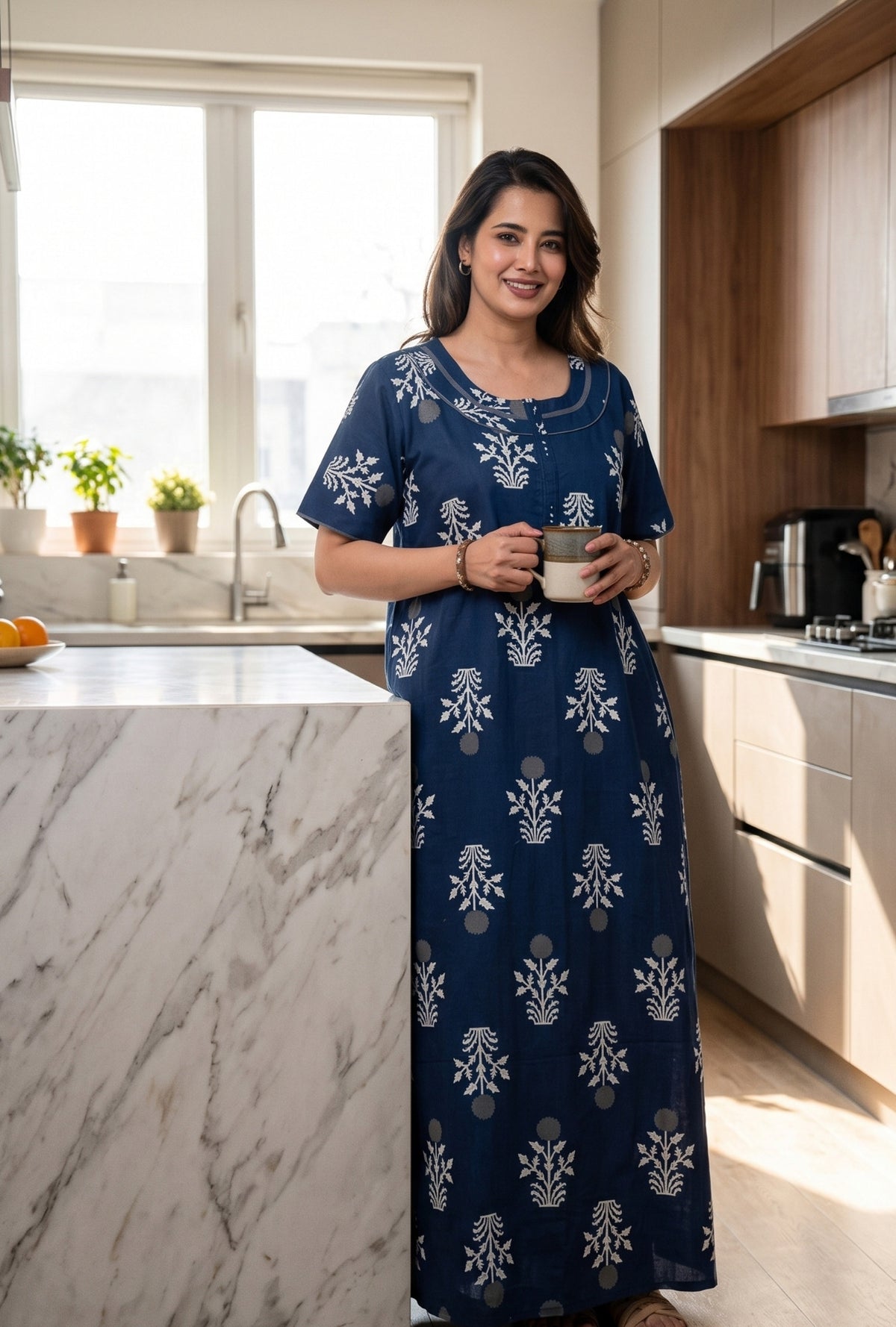Imperial Bloom Blue Printed Cotton Night Gown