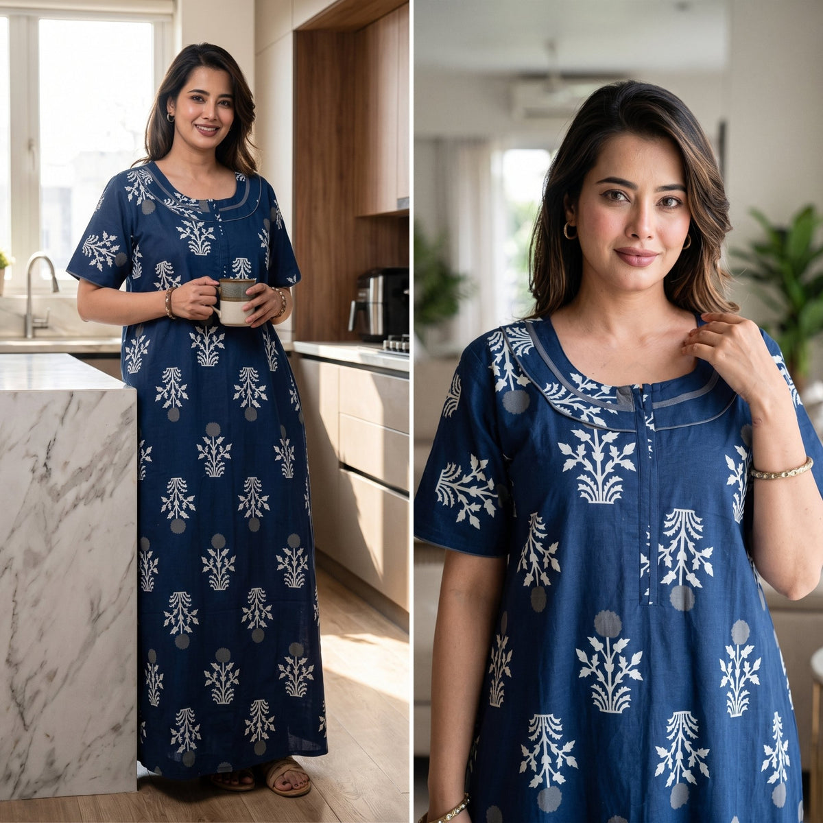 Imperial Bloom Blue Printed Cotton Night Gown