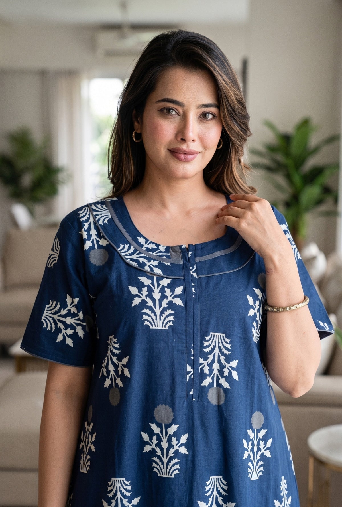 Imperial Bloom Blue Printed Cotton Night Gown