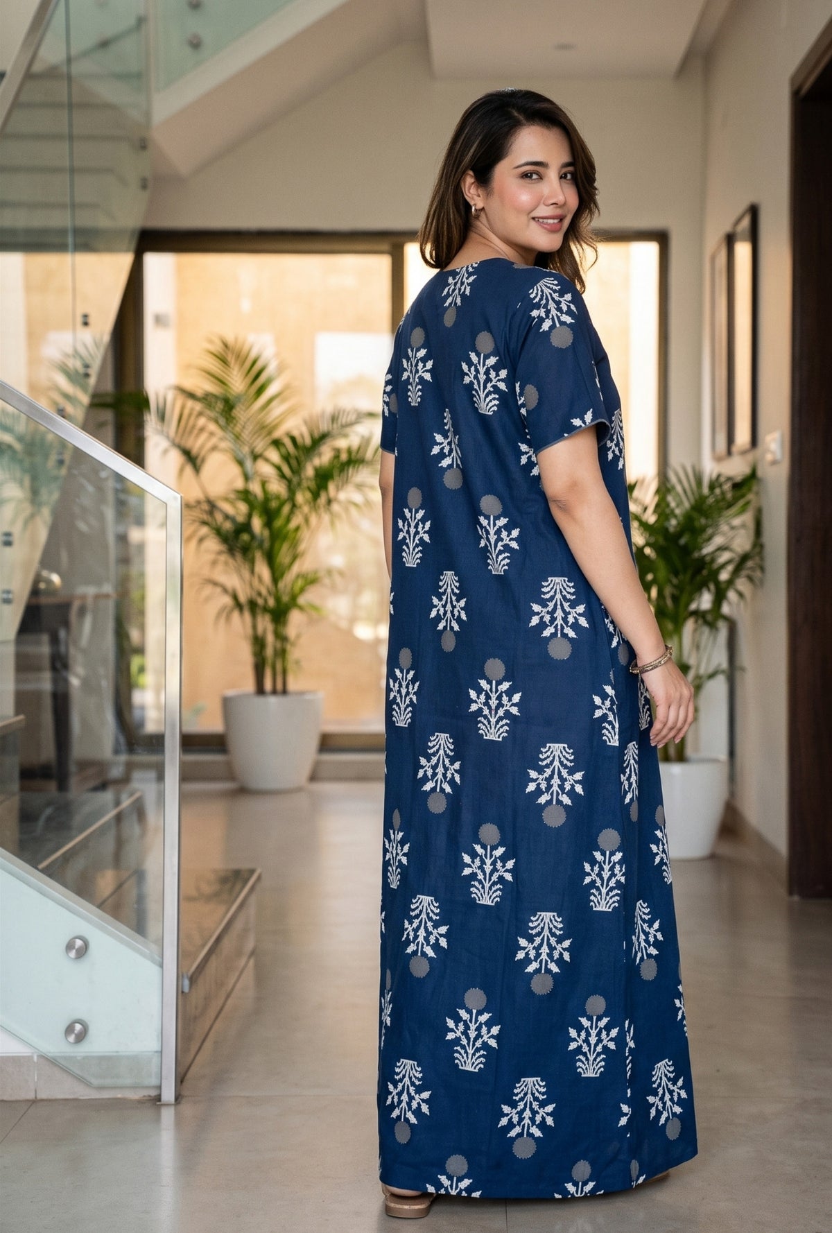 Imperial Bloom Blue Printed Cotton Night Gown