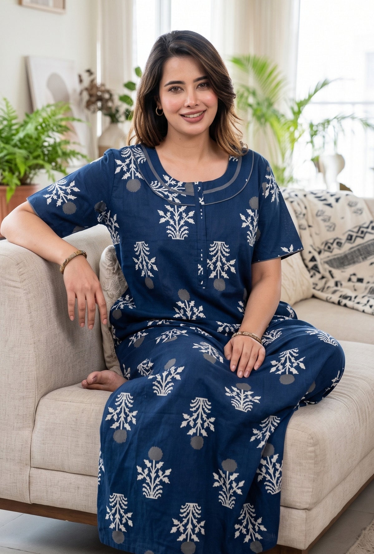 Imperial Bloom Blue Printed Cotton Night Gown