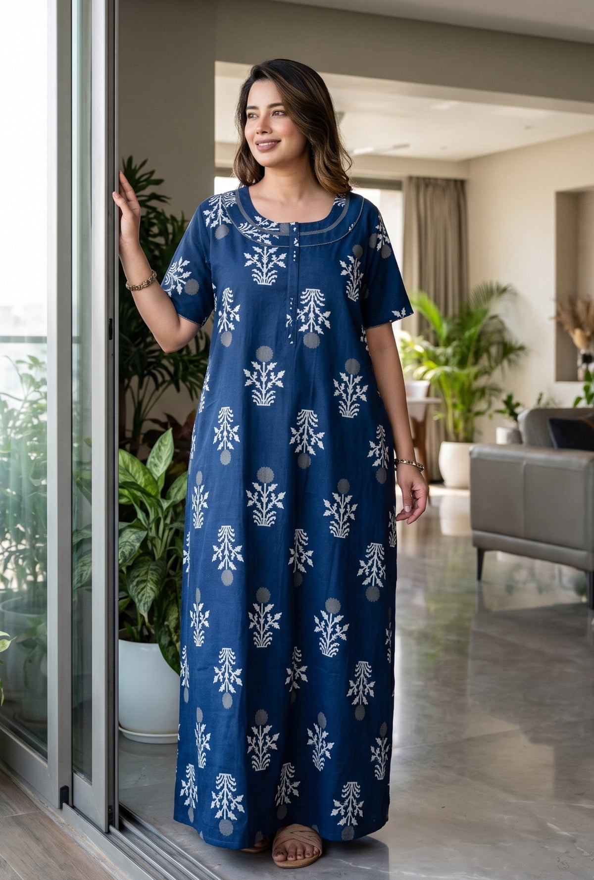 Imperial Bloom Blue Printed Cotton Night Gown