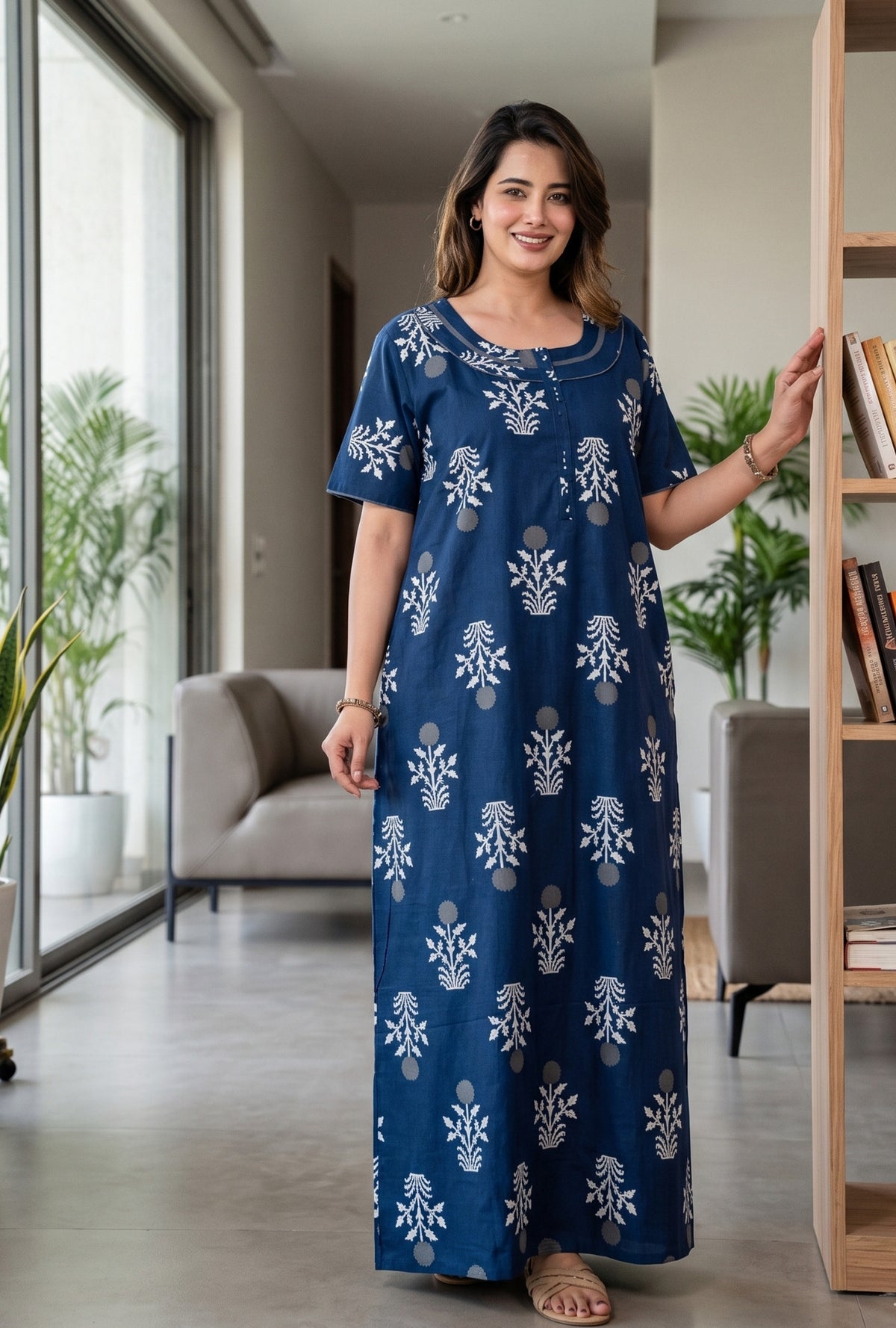 Imperial Bloom Blue Printed Cotton Night Gown