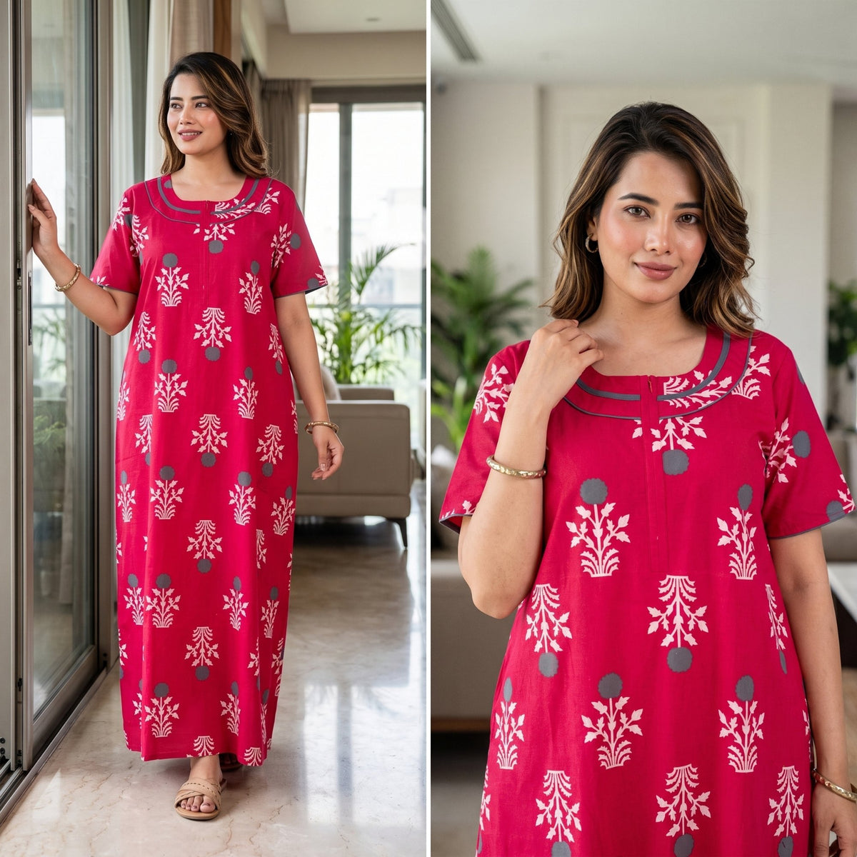 Imperial Bloom Royal Pink Printed Cotton Night Gown