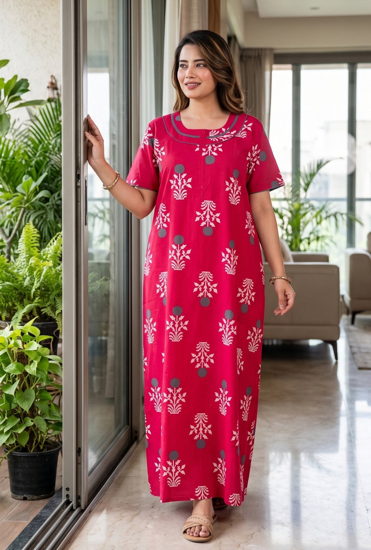 Imperial Bloom Royal Pink Printed Cotton Night Gown