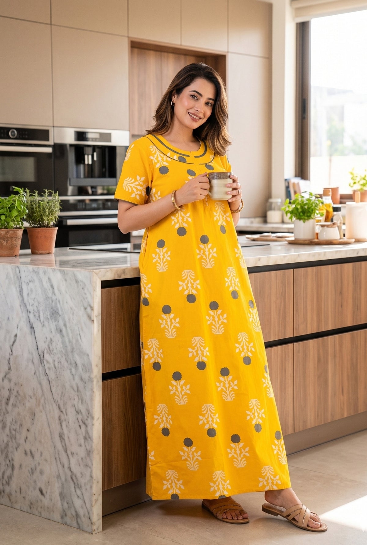 Imperial Bloom Yellow Printed Cotton Night Gown