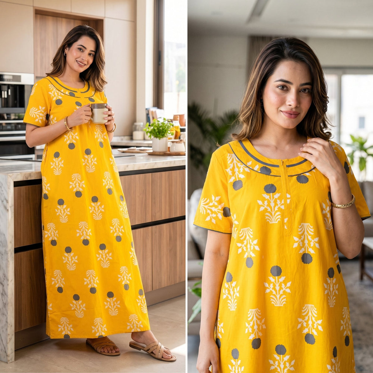 Imperial Bloom Yellow Printed Cotton Night Gown