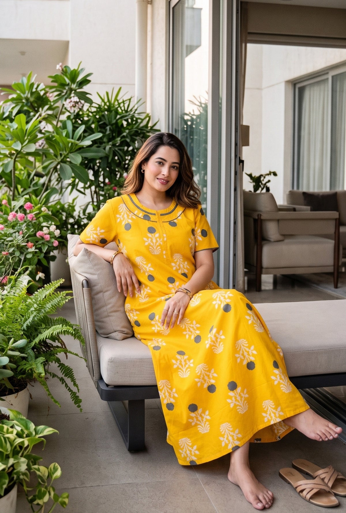 Imperial Bloom Yellow Printed Cotton Night Gown