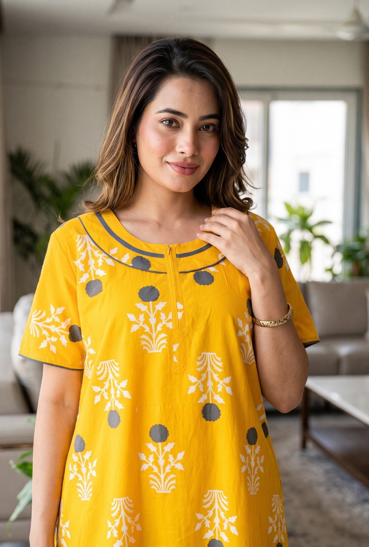 Imperial Bloom Yellow Printed Cotton Night Gown