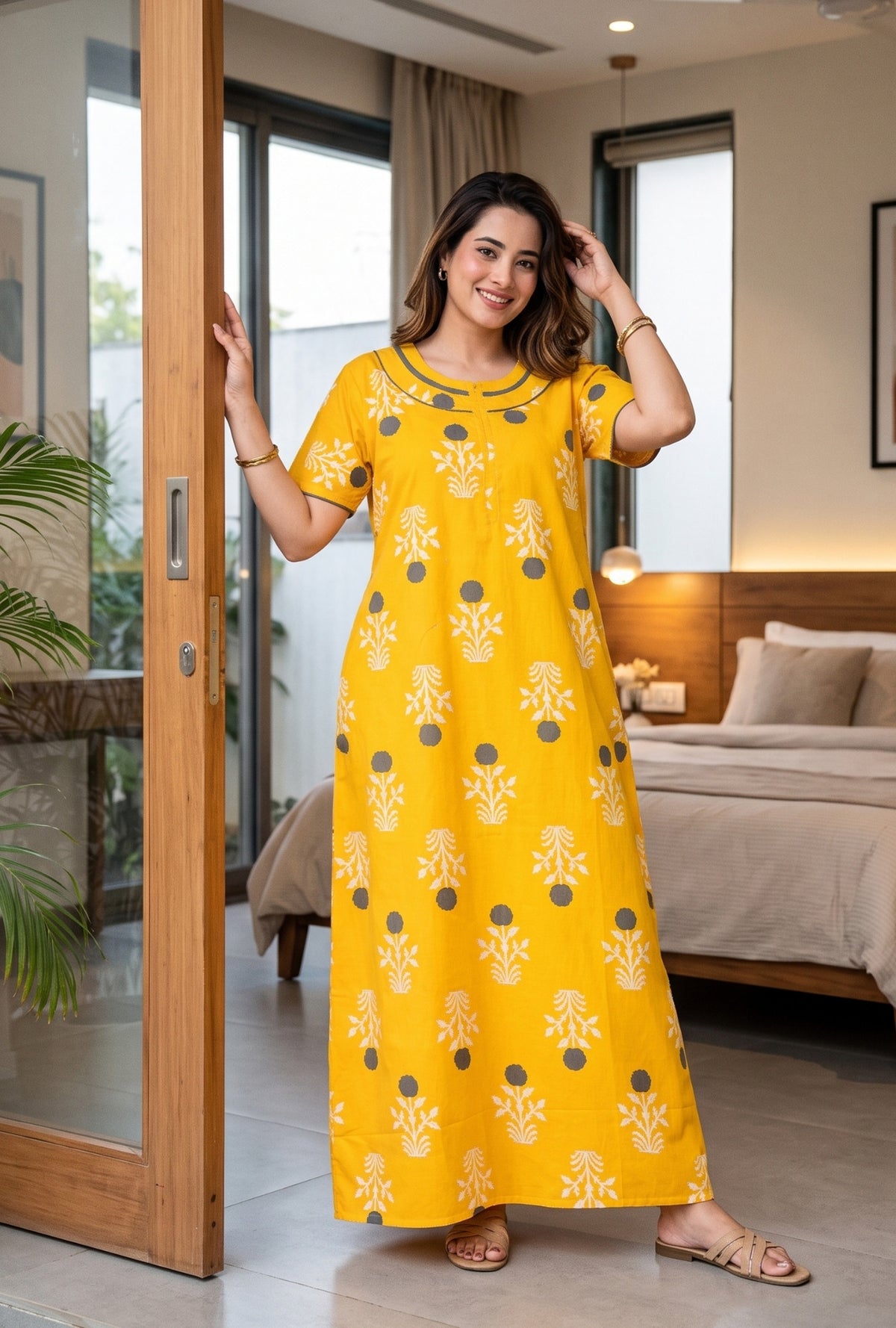 Imperial Bloom Yellow Printed Cotton Night Gown