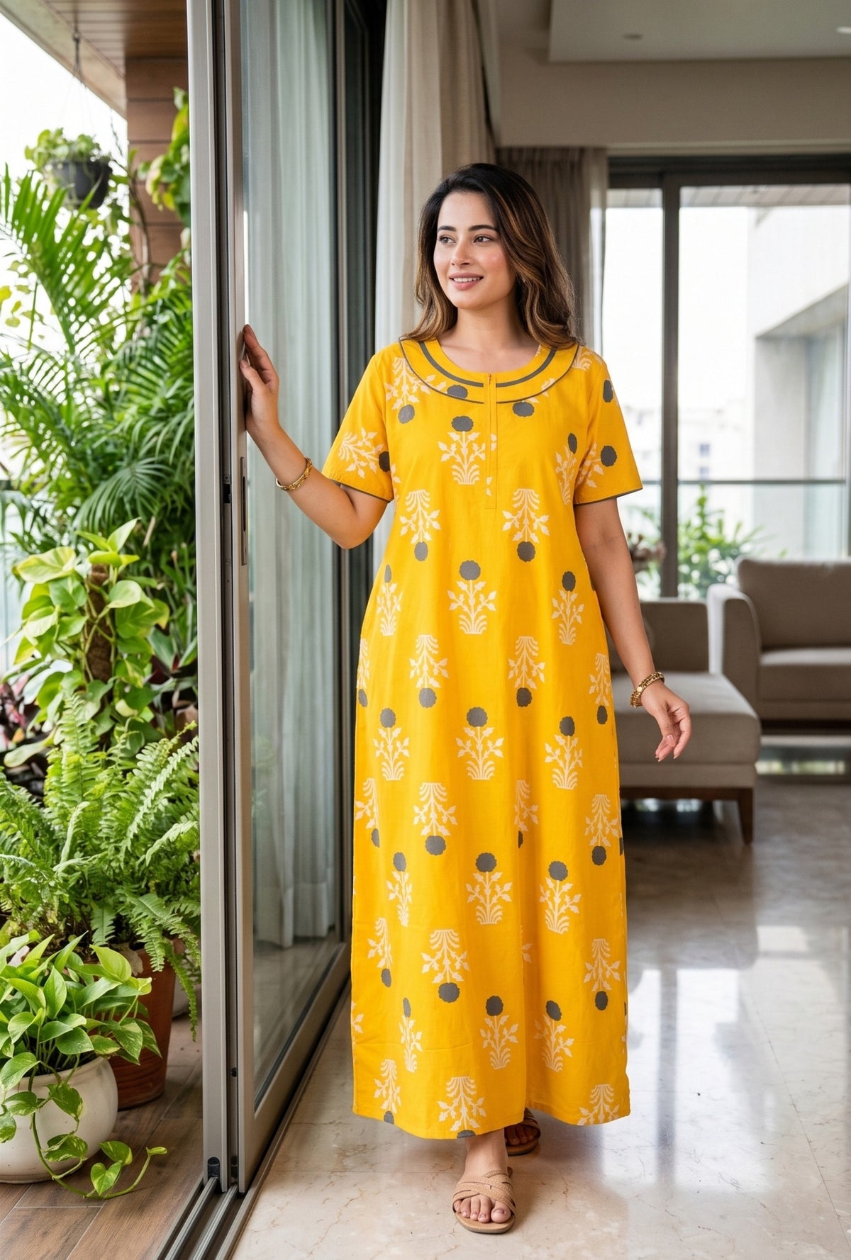 Imperial Bloom Yellow Printed Cotton Night Gown