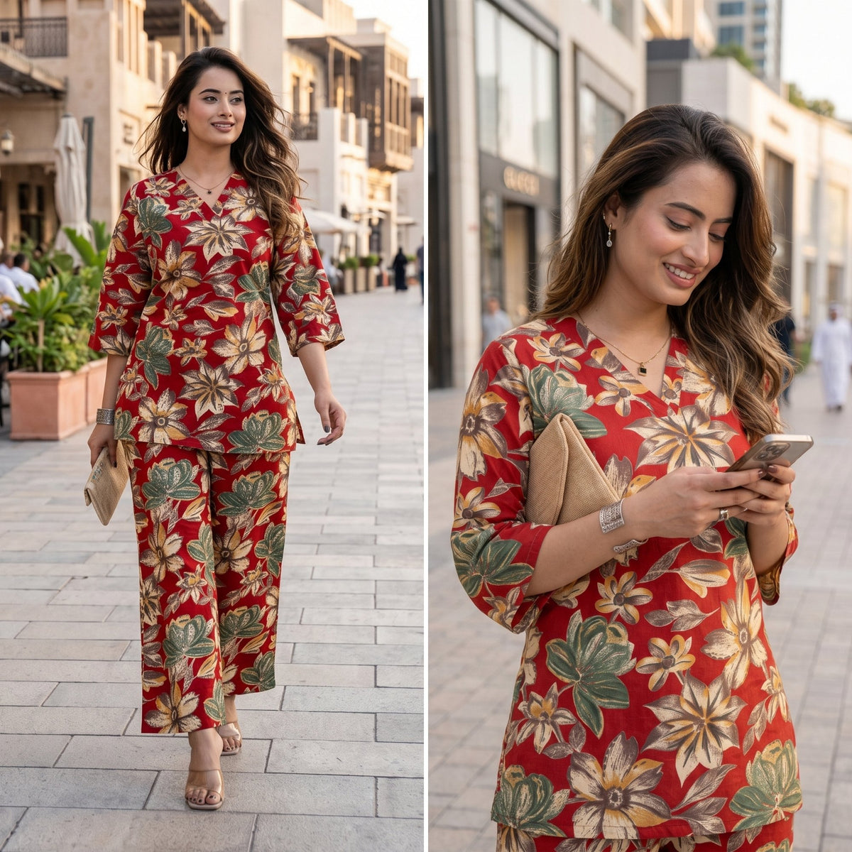 Lapis Flora Red Printed Cotton Co-ords Set