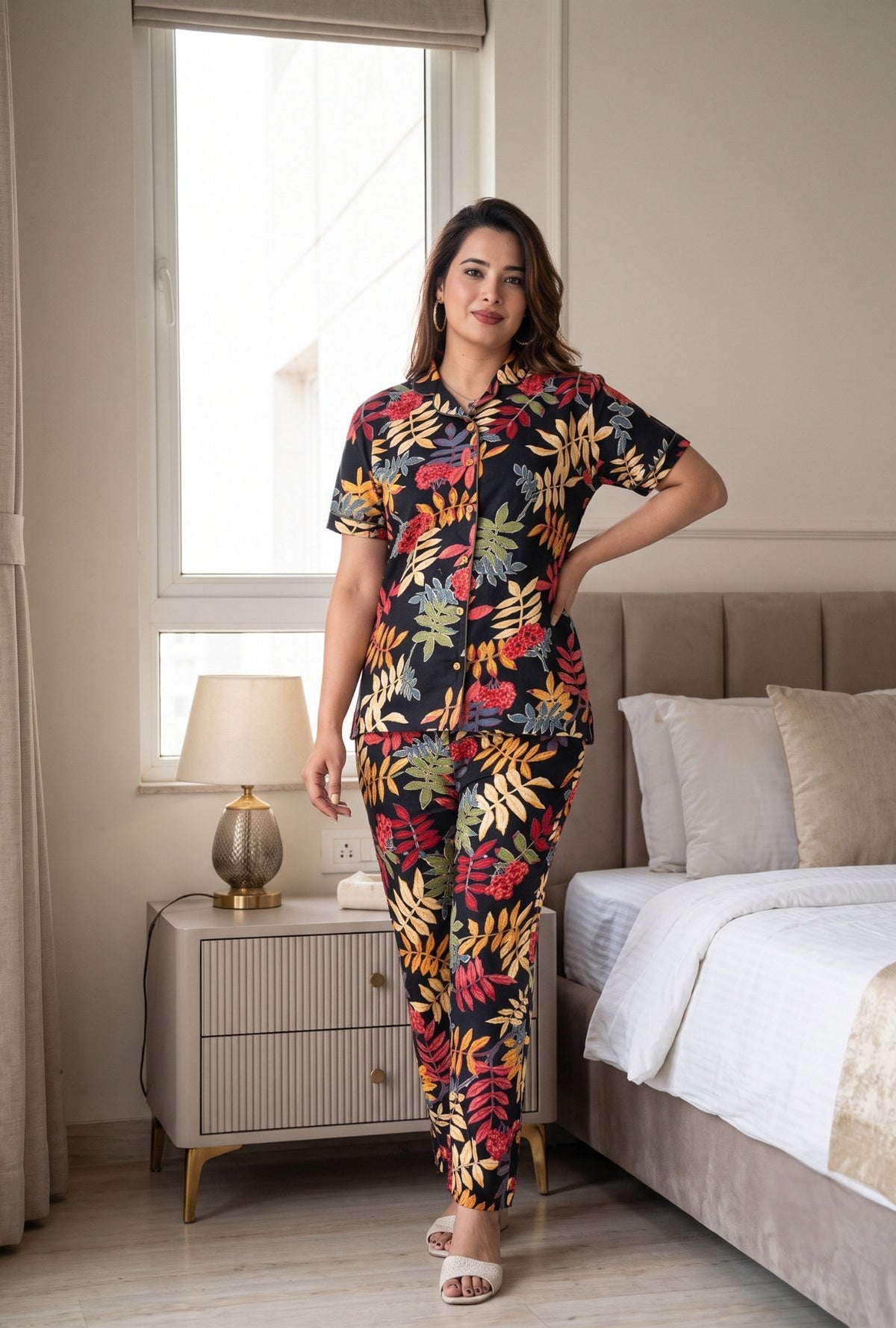 Neem Leaves Black Cotton Printed Night Suit