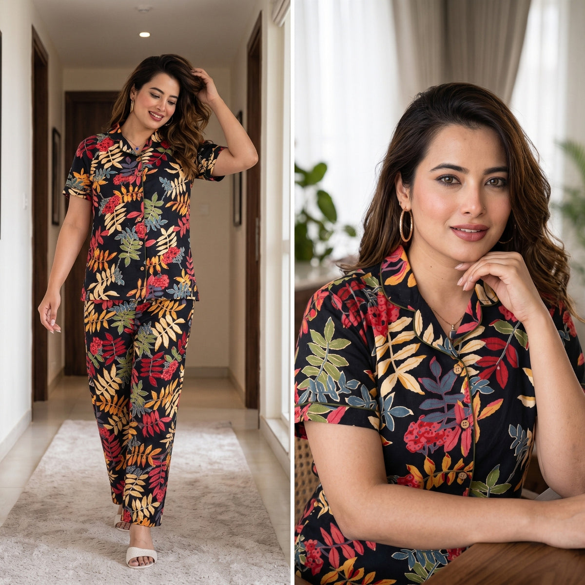 Neem Leaves Black Cotton Printed Night Suit