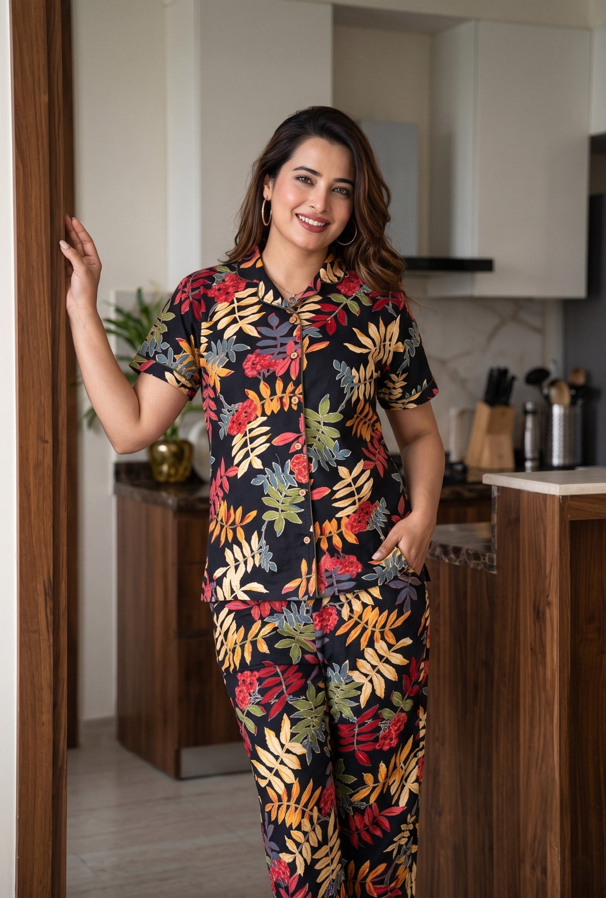 Neem Leaves Black Cotton Printed Night Suit