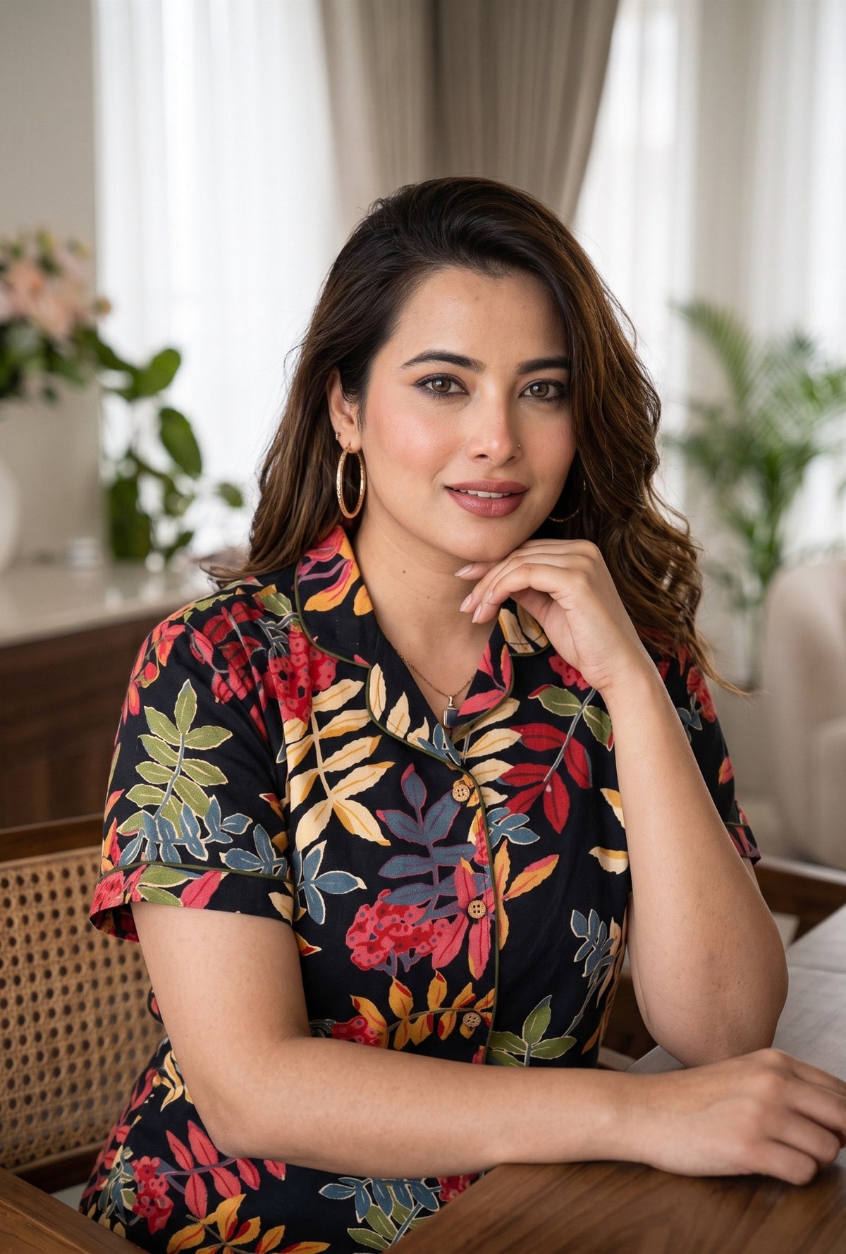 Neem Leaves Black Cotton Printed Night Suit