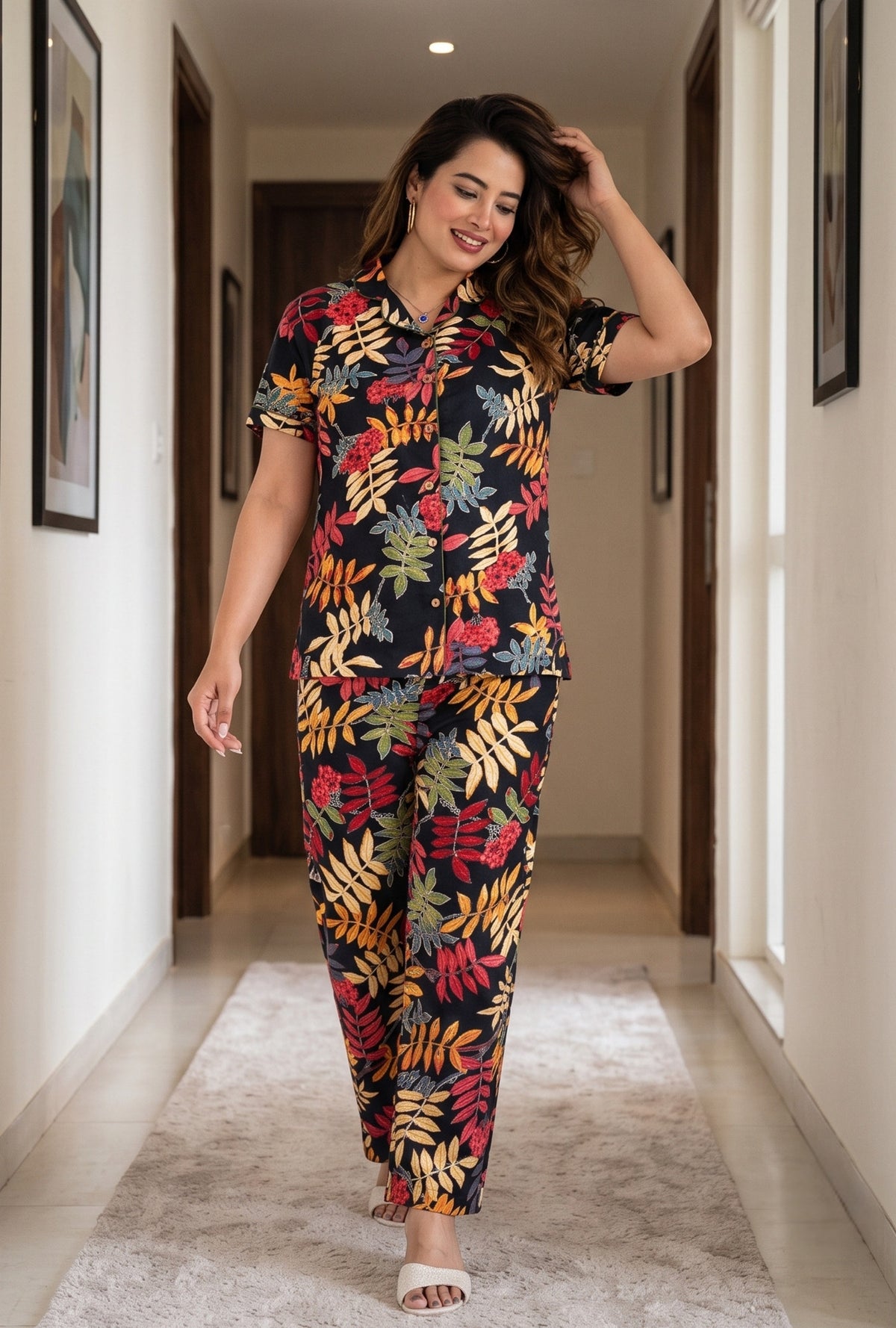 Neem Leaves Black Cotton Printed Night Suit