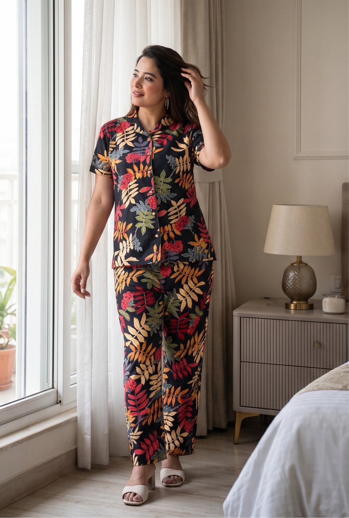 Neem Leaves Black Cotton Printed Night Suit