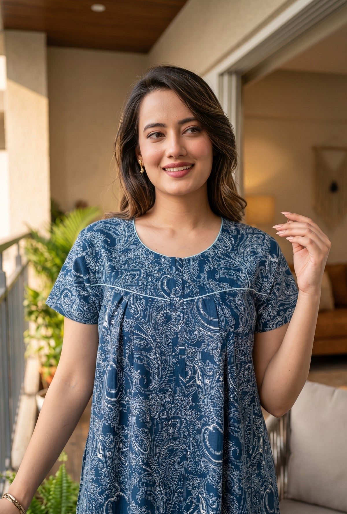 Outline Paisley Blue Cotton Printed Nightwear Gowns