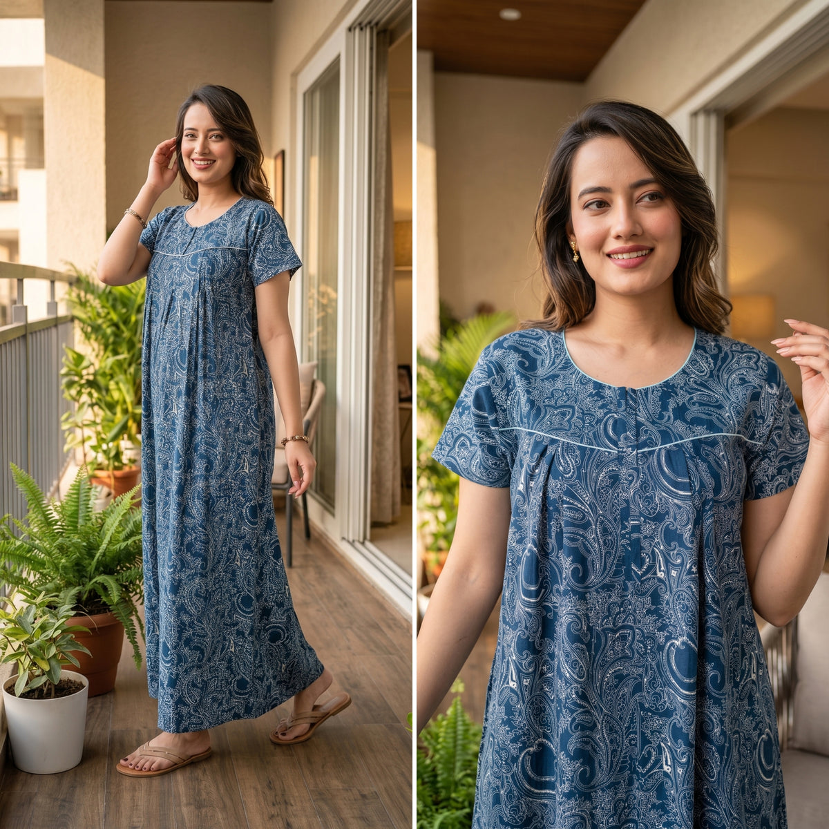Outline Paisley Blue Cotton Printed Nightwear Gowns