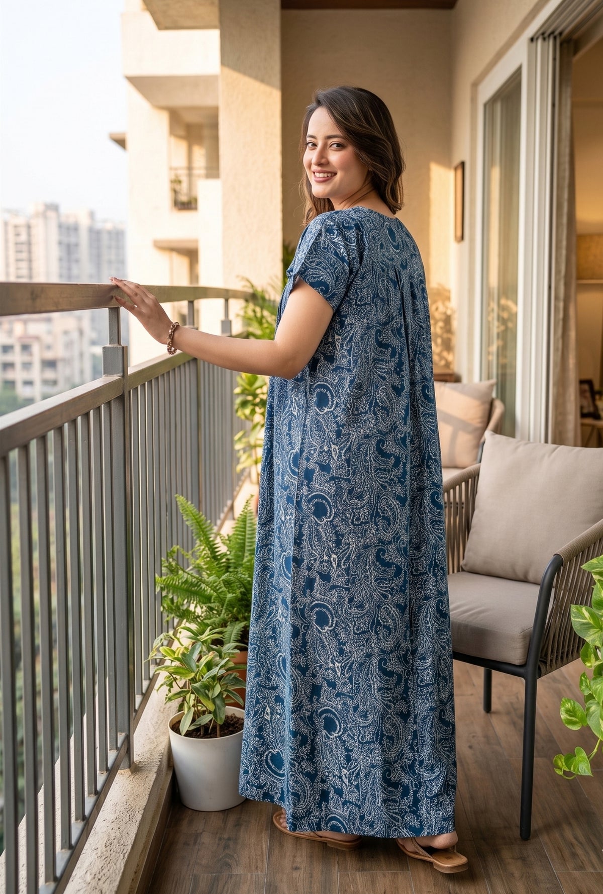 Outline Paisley Blue Cotton Printed Nightwear Gowns