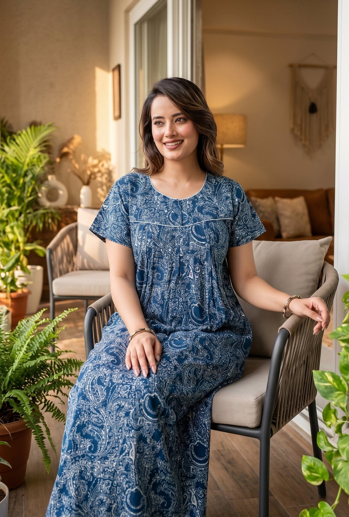 Outline Paisley Blue Cotton Printed Nightwear Gowns