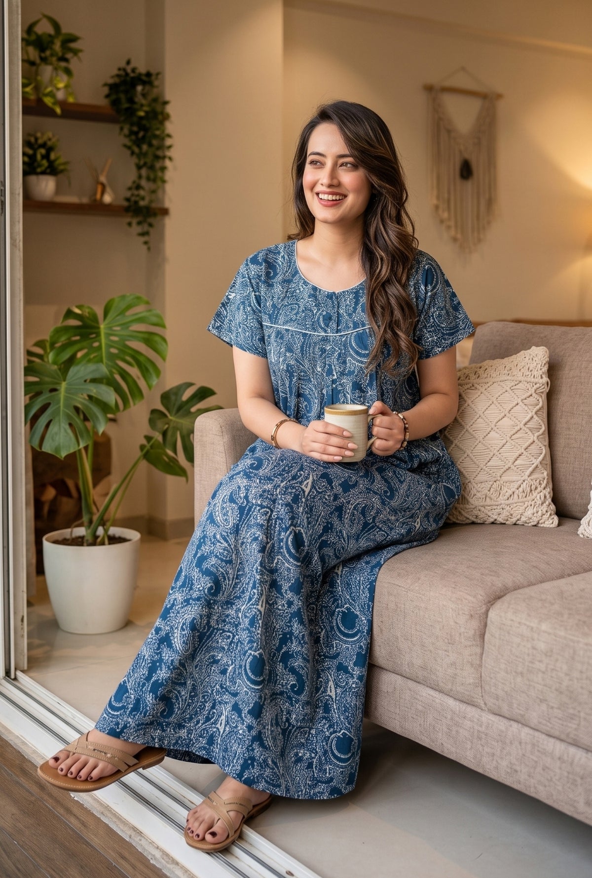 Outline Paisley Blue Cotton Printed Nightwear Gowns