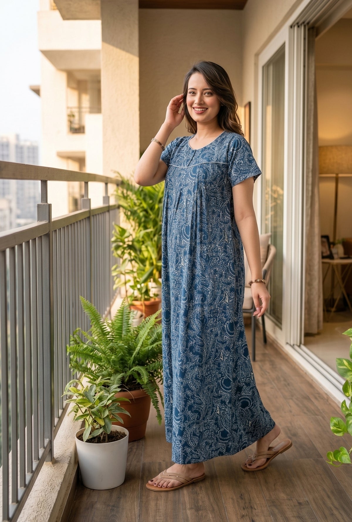 Outline Paisley Blue Cotton Printed Nightwear Gowns